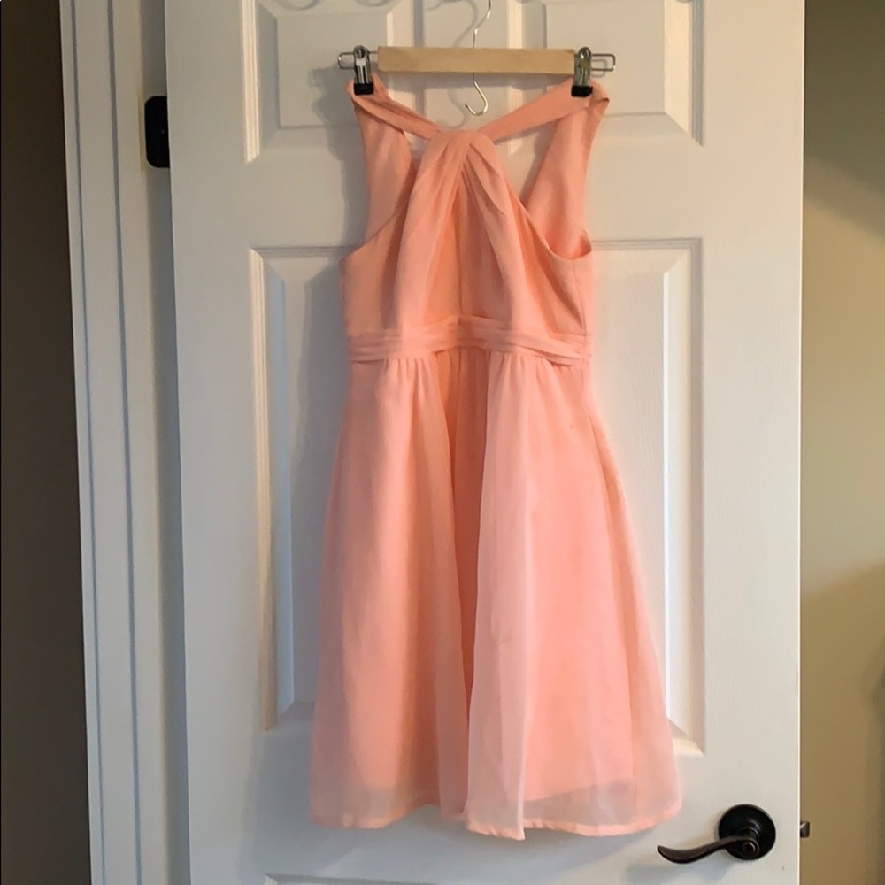 Y neck, David’s bridal short bridesmaid dress